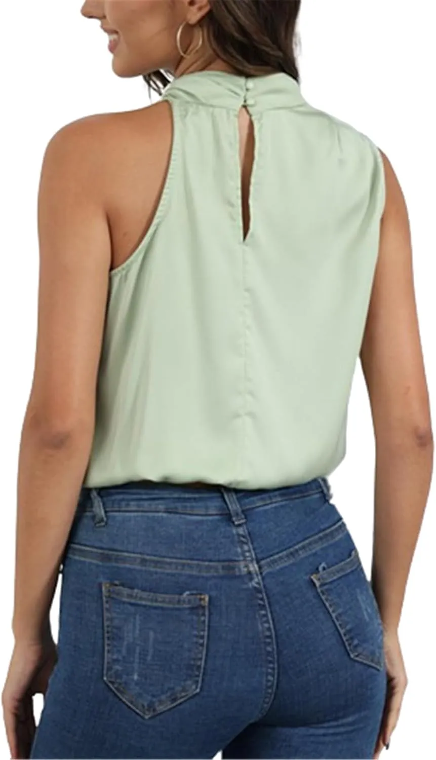 Halfword Women's 2024 Fashion Satin Tops Sleeveless Ruched Mock Neck Casual Loose Fit Blouse Shirt