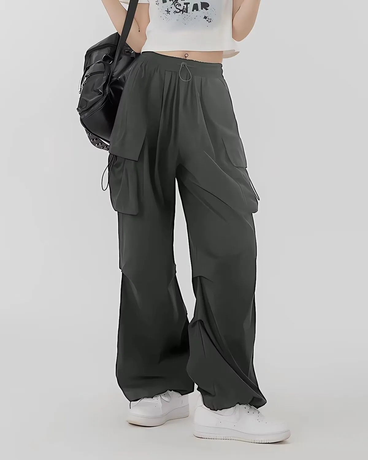 HENGAO Girls Cargo Pants Casual Jogger Loose Fit Streetwear Parachute Pants