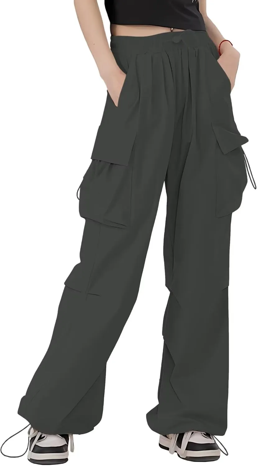 HENGAO Girls Cargo Pants Casual Jogger Loose Fit Streetwear Parachute Pants