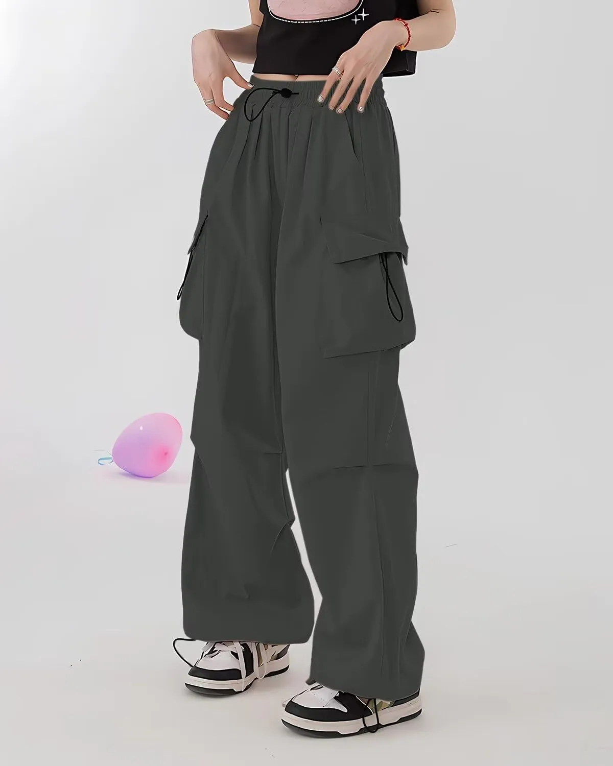 HENGAO Girls Cargo Pants Casual Jogger Loose Fit Streetwear Parachute Pants