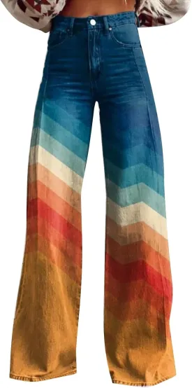 Jeans for Tall Women 34-36 InseamWomen's Flare Wide Leg Jeans High Waisted Casual Denim Vintage Floral Printed Pants Casual Colorful Straight Trouser