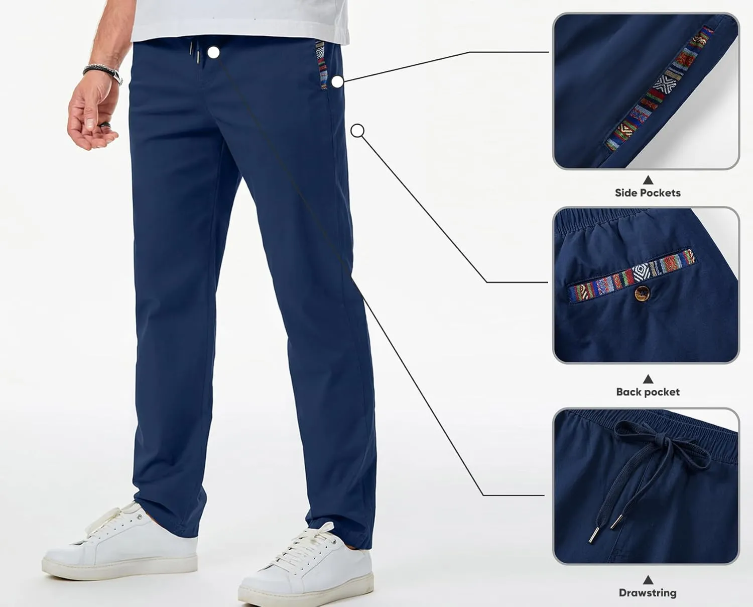 JMIERR Men's Casual Pants Cotton Twill Drawstring Elastic Waist Chino Pants with Pockets