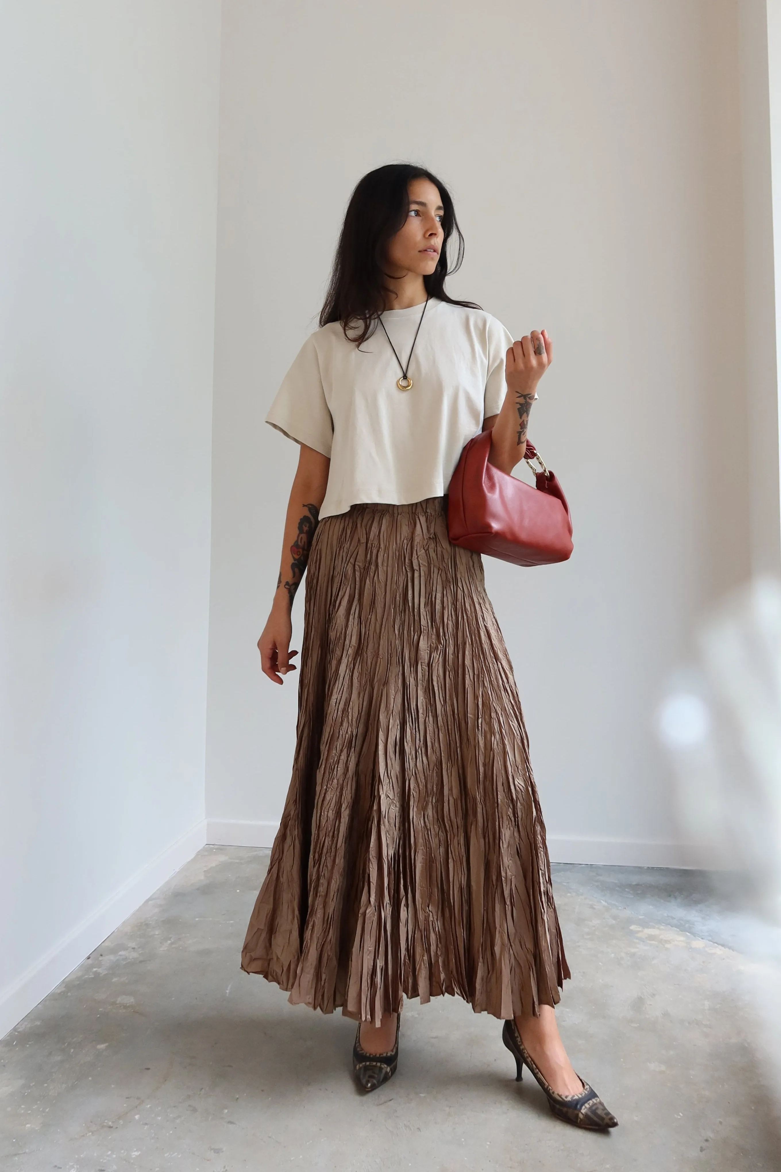 Khaki Crinkle Textured Maxi Skirt