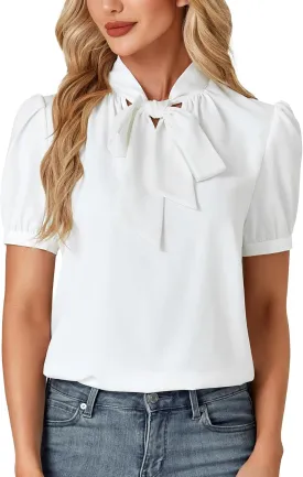 KIFOVEN Women's Business Bow Tie Knot Mock Neck Puff Short Sleeve Workwear Blouse Shirt Top