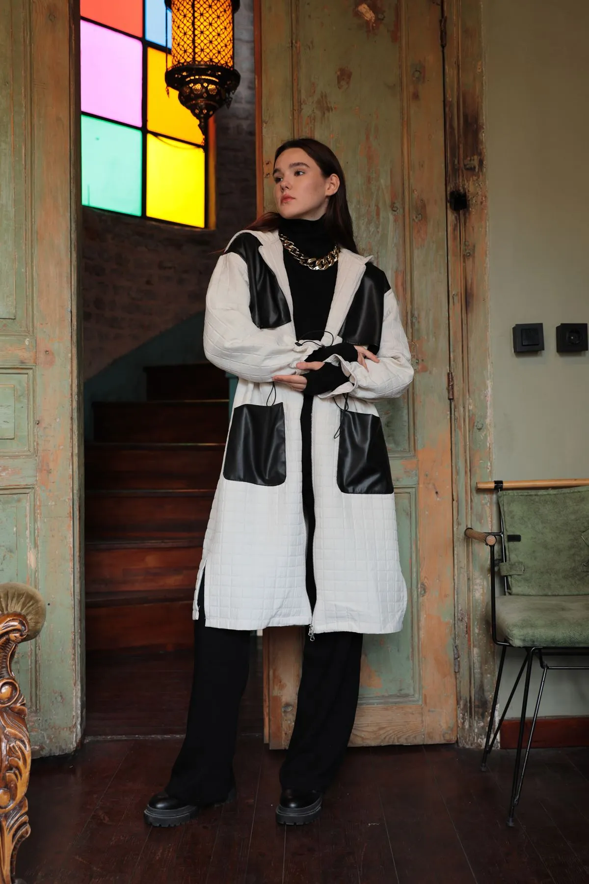 KKT Leather Fabric Jacquard Women's Trench Coat-Beige - Meppen