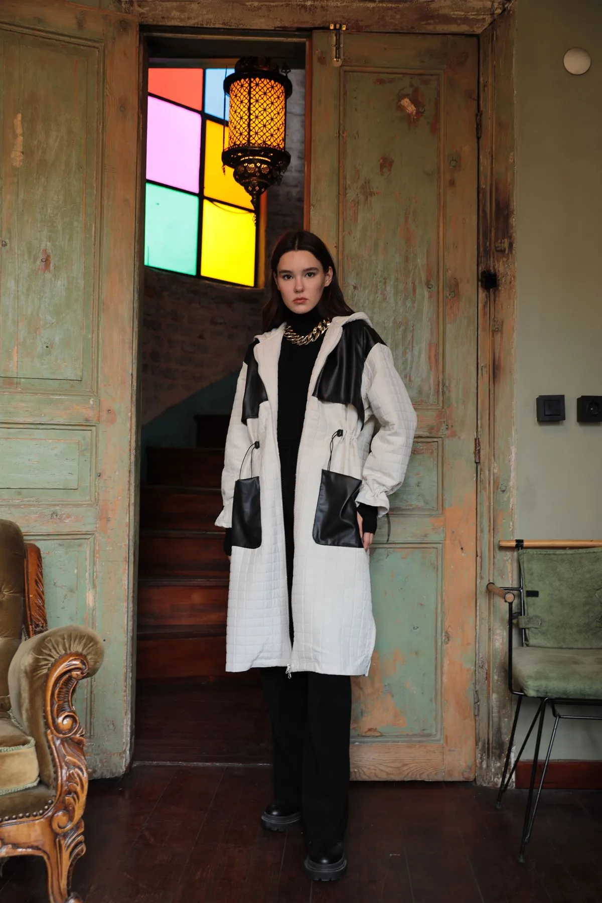 KKT Leather Fabric Jacquard Women's Trench Coat-Beige - Meppen