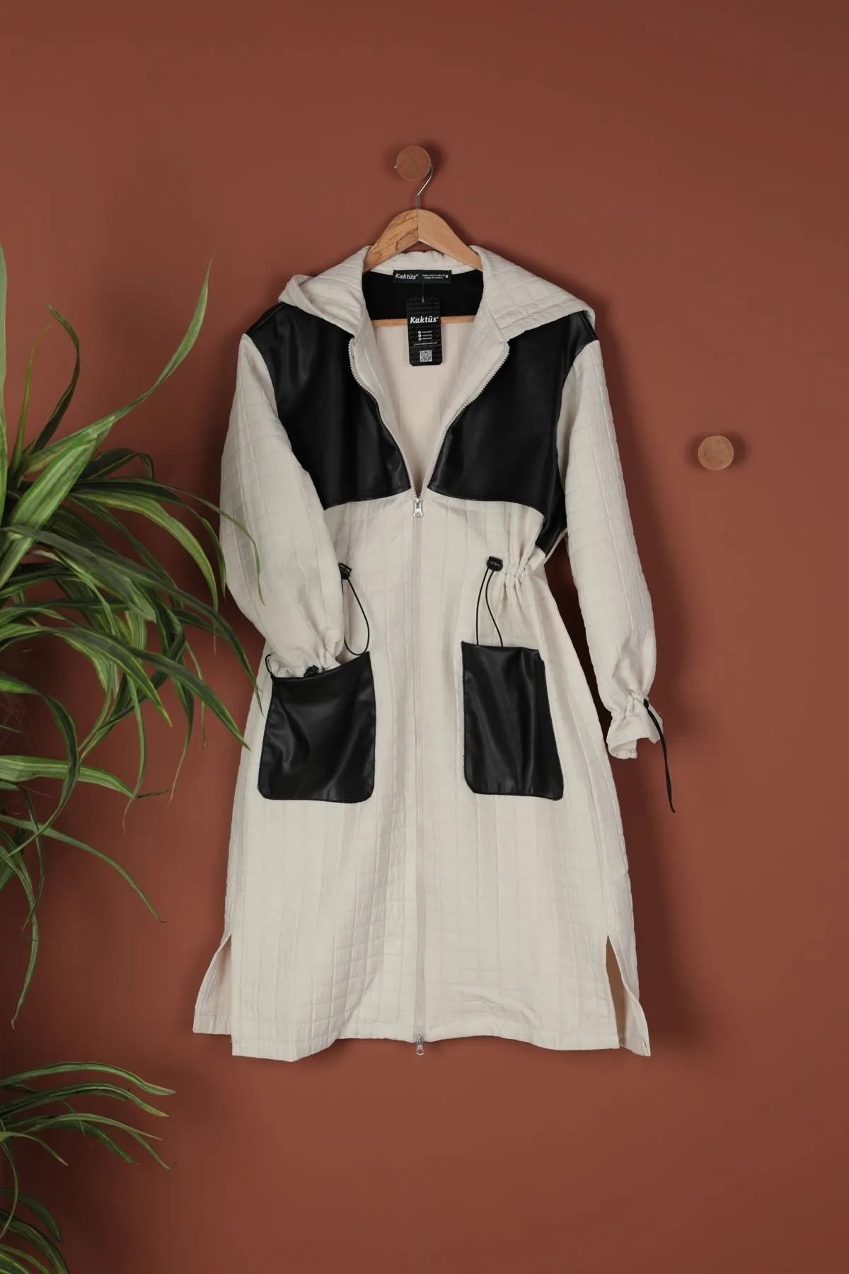 KKT Leather Fabric Jacquard Women's Trench Coat-Beige - Meppen