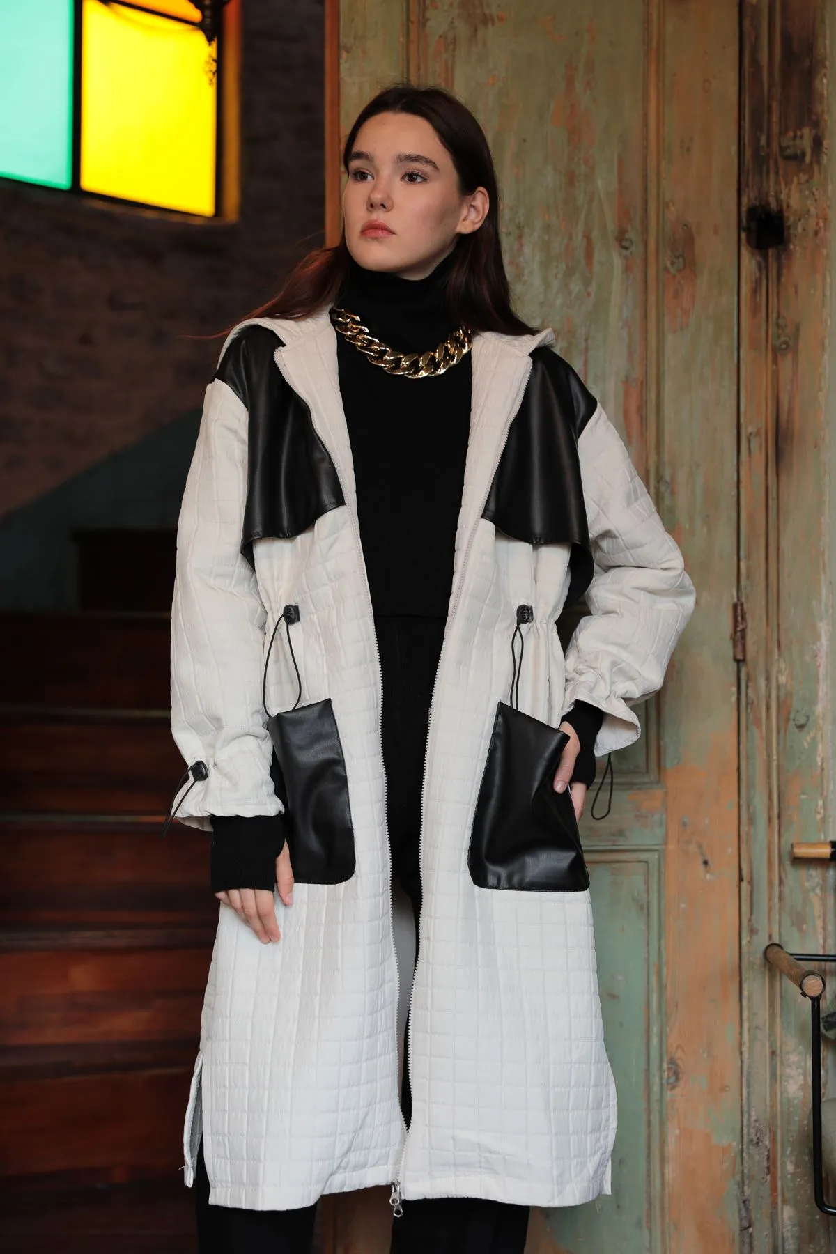 KKT Leather Fabric Jacquard Women's Trench Coat-Beige - Meppen