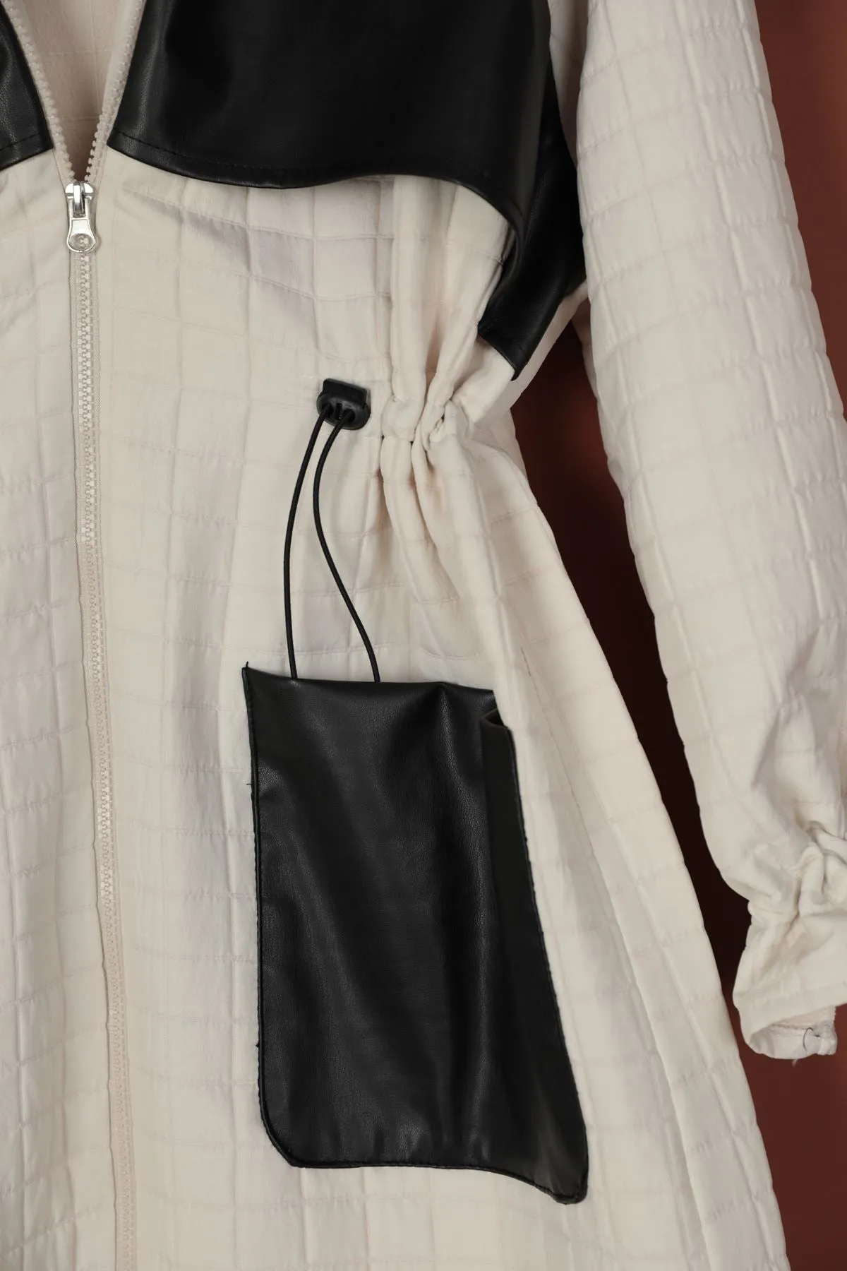 KKT Leather Fabric Jacquard Women's Trench Coat-Beige - Meppen