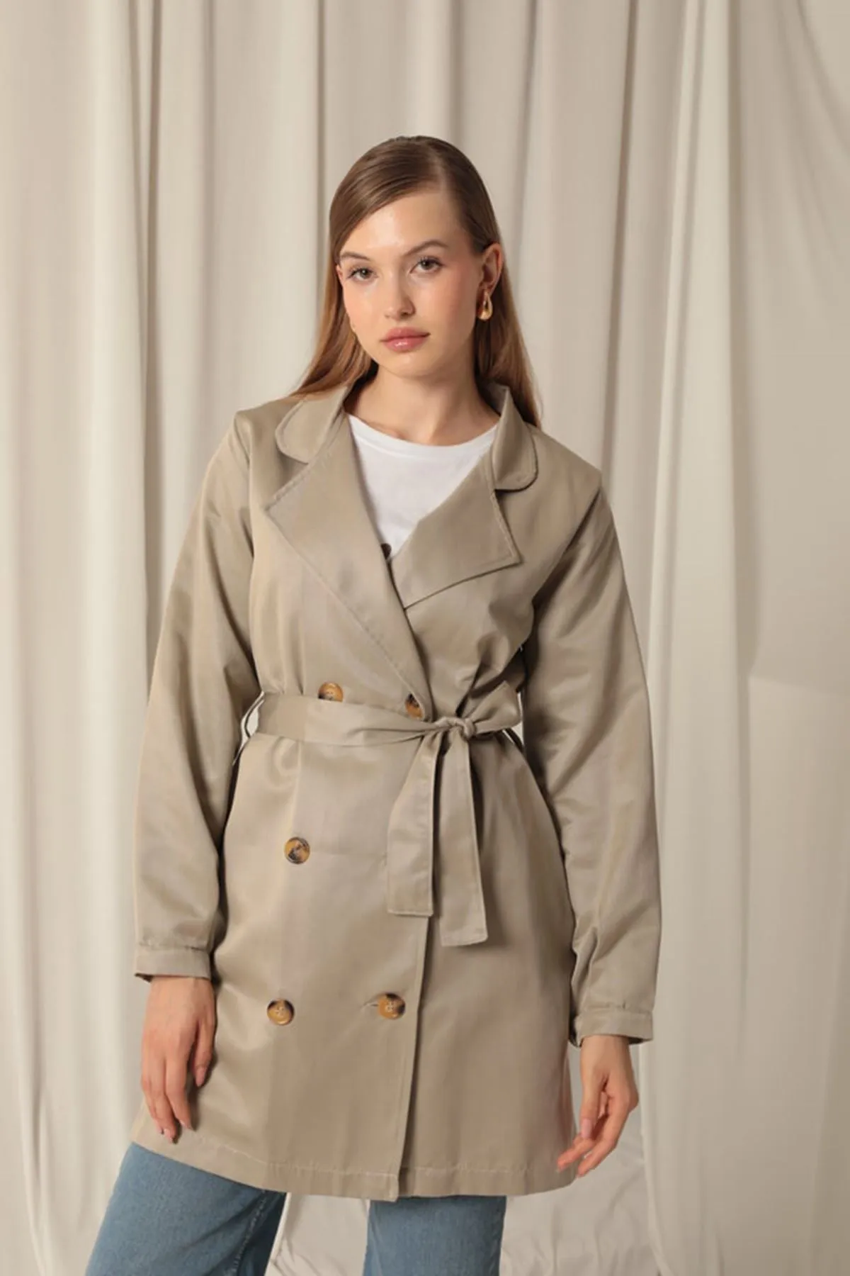 KKT Torino Fabric Liquid Proof Under Hip Length Women's Stone Trench Coat - Progreso