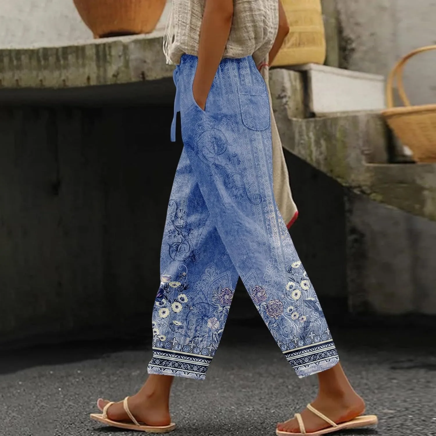 Ladies Gradient Color Printing Drawstring Pocket Elastic Waist Dressy Casual Loose Fit Fashion