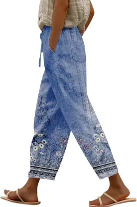 Ladies Gradient Color Printing Drawstring Pocket Elastic Waist Dressy Casual Loose Fit Fashion