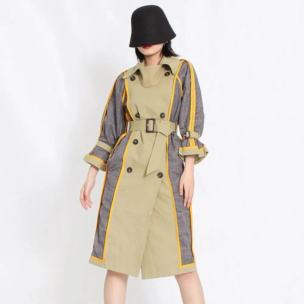 Long Sleeve Double Breasted Striped Windbreaker Trench Coat