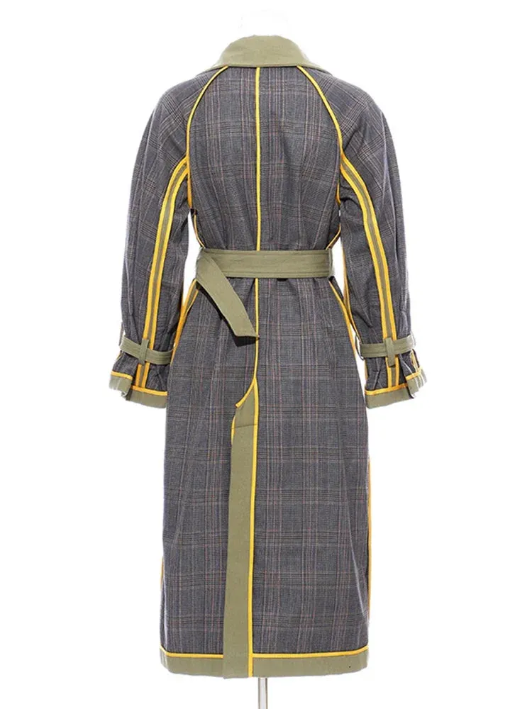 Long Sleeve Double Breasted Striped Windbreaker Trench Coat