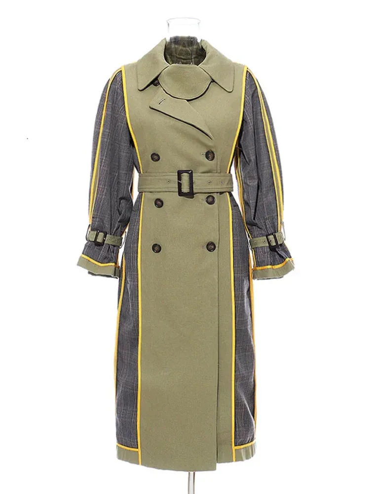 Long Sleeve Double Breasted Striped Windbreaker Trench Coat