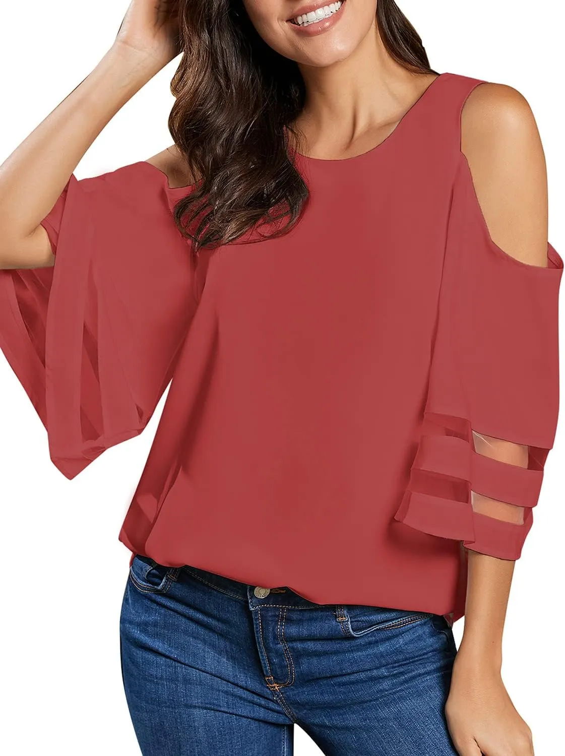 LookbookStore Women's Cold Shoulder Loose Shirt Tops 3/4 Bell Mesh Sleeve Blouse