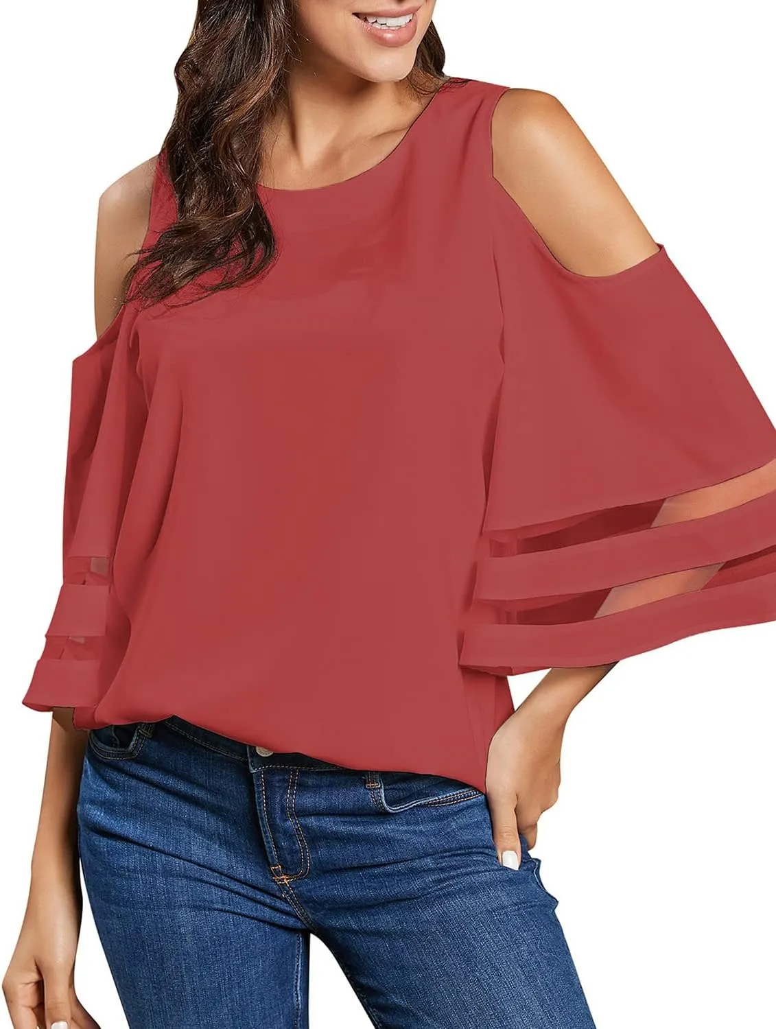 LookbookStore Women's Cold Shoulder Loose Shirt Tops 3/4 Bell Mesh Sleeve Blouse