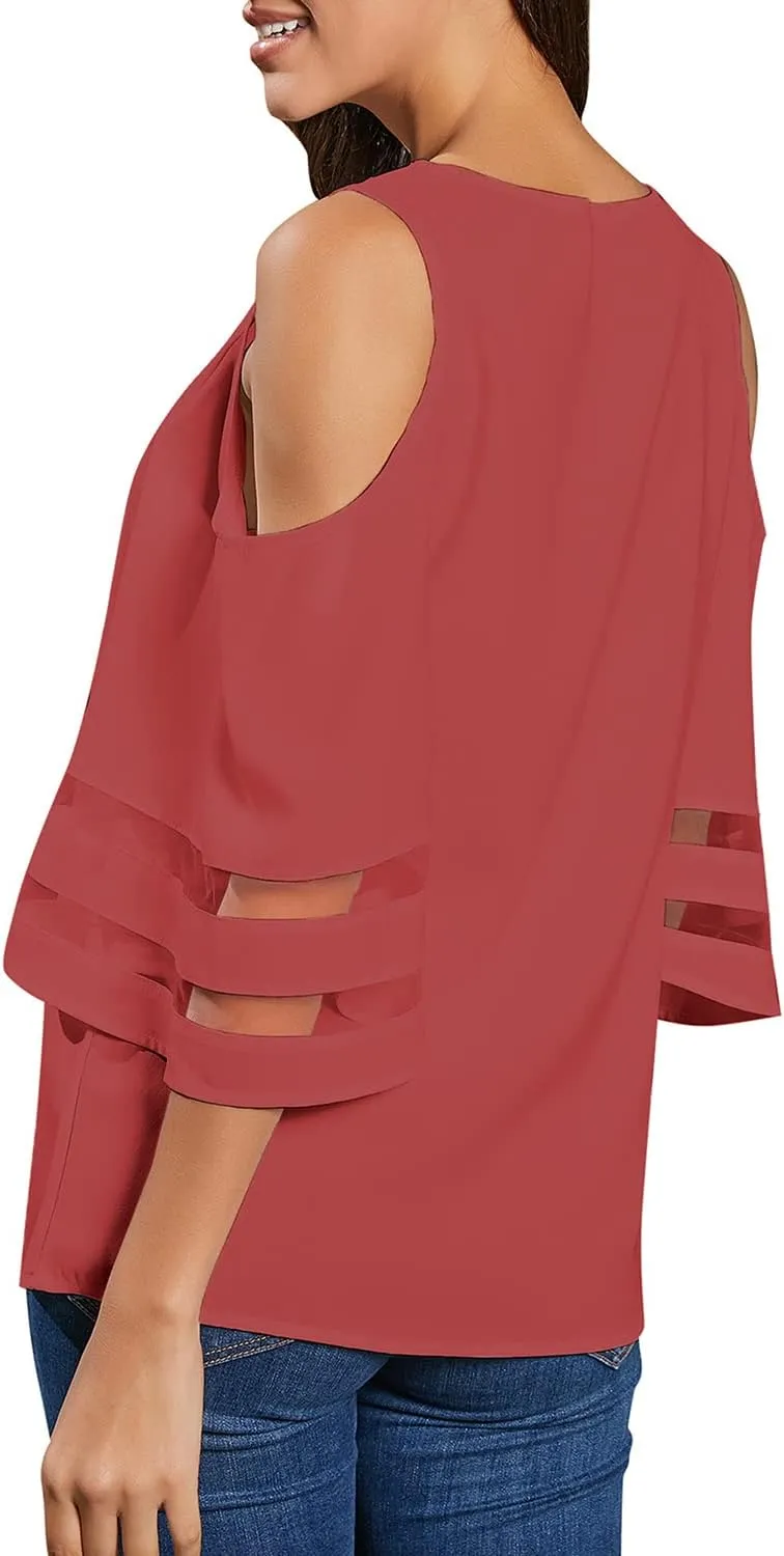 LookbookStore Women's Cold Shoulder Loose Shirt Tops 3/4 Bell Mesh Sleeve Blouse