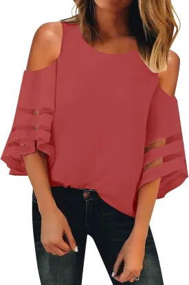 LookbookStore Women's Cold Shoulder Loose Shirt Tops 3/4 Bell Mesh Sleeve Blouse