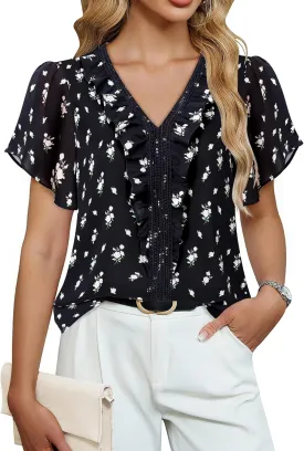 Lotusmile Womens Dressy Ruffle Tops Summer Chiffon V Neck Work Blouse Casual Flutter Short Sleeve Shirts