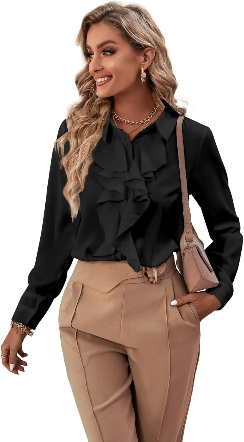 LYANER Women's Collar Neck Button Down Ruffle Front Long Sleeve Blouse Shirt Top