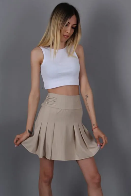 MDX Beige Striped Pleated Short Women's Skirt MG1451 - Sumy