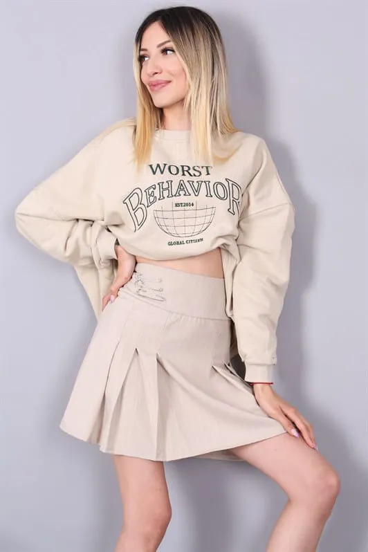 MDX Beige Striped Pleated Short Women's Skirt MG1451 - Sumy