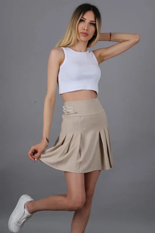 MDX Beige Striped Pleated Short Women's Skirt MG1451 - Sumy