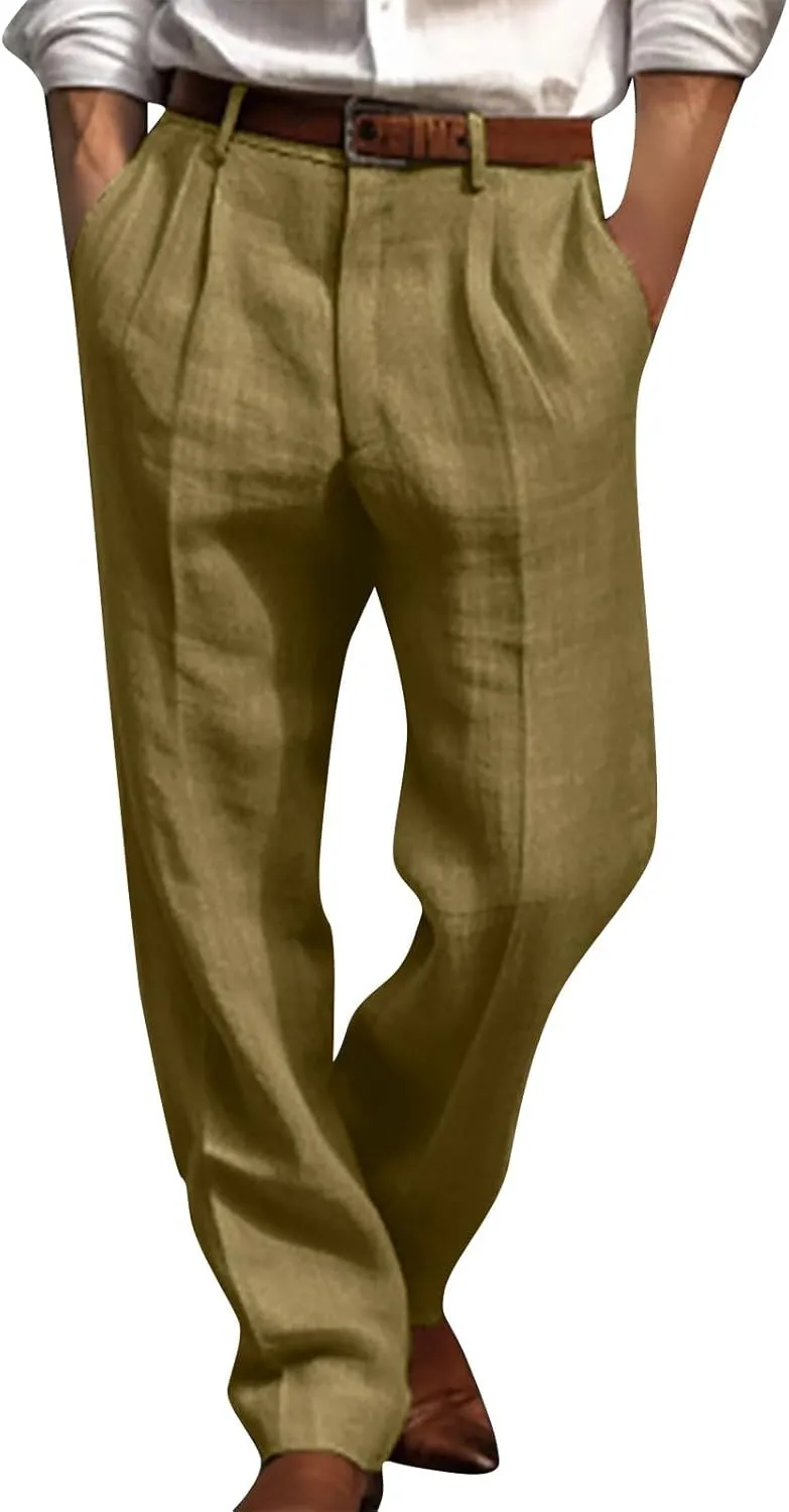 Men's Linen Cotton Pants Relaxed Fit Yoga Pants Summer Casual Beach Trousers with Pockets