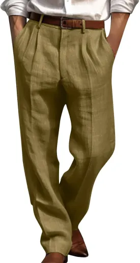 Men's Linen Cotton Pants Relaxed Fit Yoga Pants Summer Casual Beach Trousers with Pockets