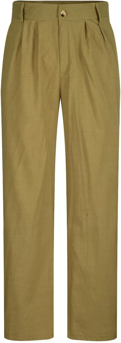 Men's Linen Cotton Pants Relaxed Fit Yoga Pants Summer Casual Beach Trousers with Pockets