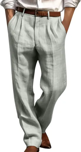 Men's Linen Cotton Pants Relaxed Fit Yoga Pants Summer Casual Beach Trousers with Pockets