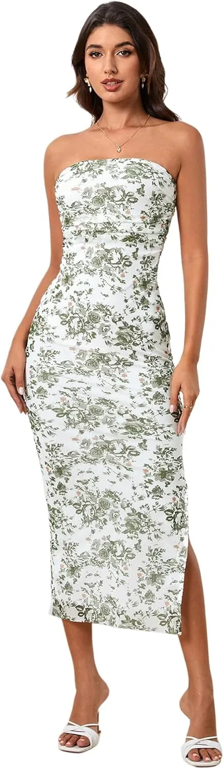 Milumia Women's Summer Disty Floral Bodycon Maxi Dress Boho Strapless Mesh Tube Dresses