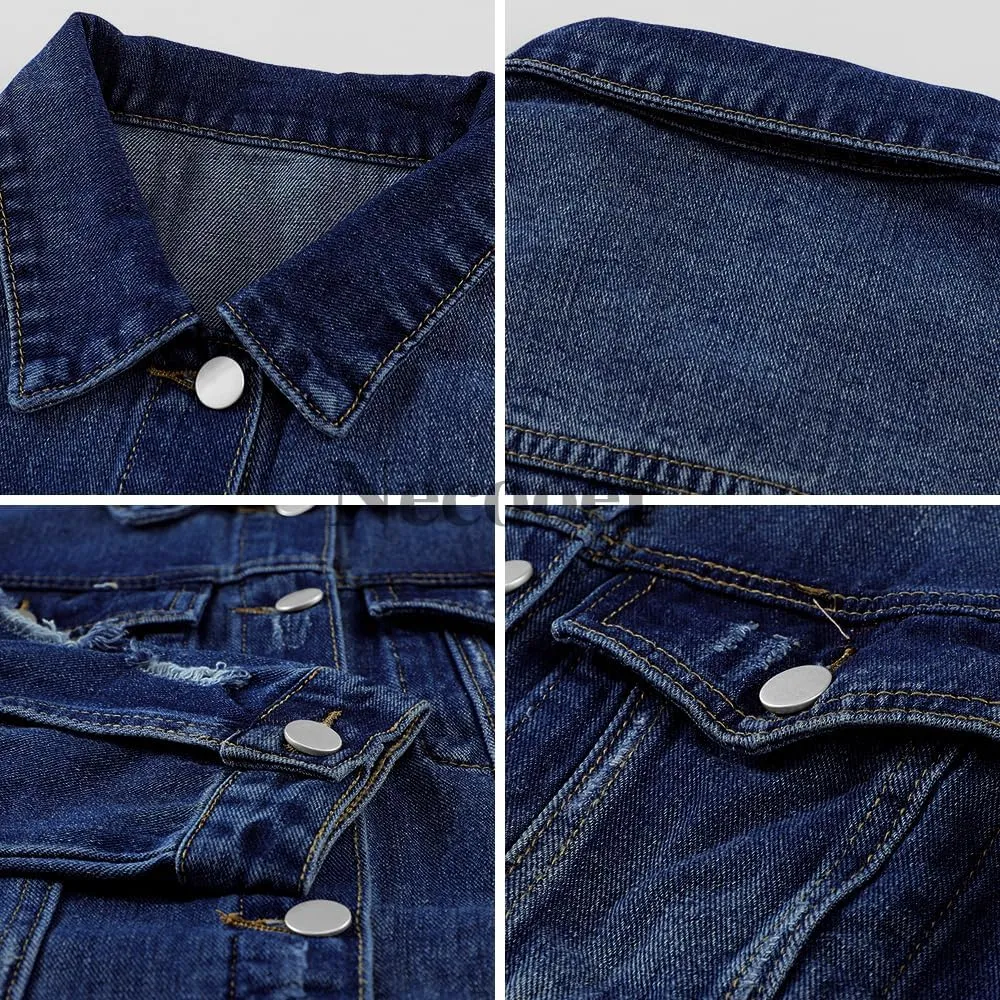 Necooer Women's Jean Jacket Distressed Washed Button Up Boyfriend Denim Jacket Coat With Pockets