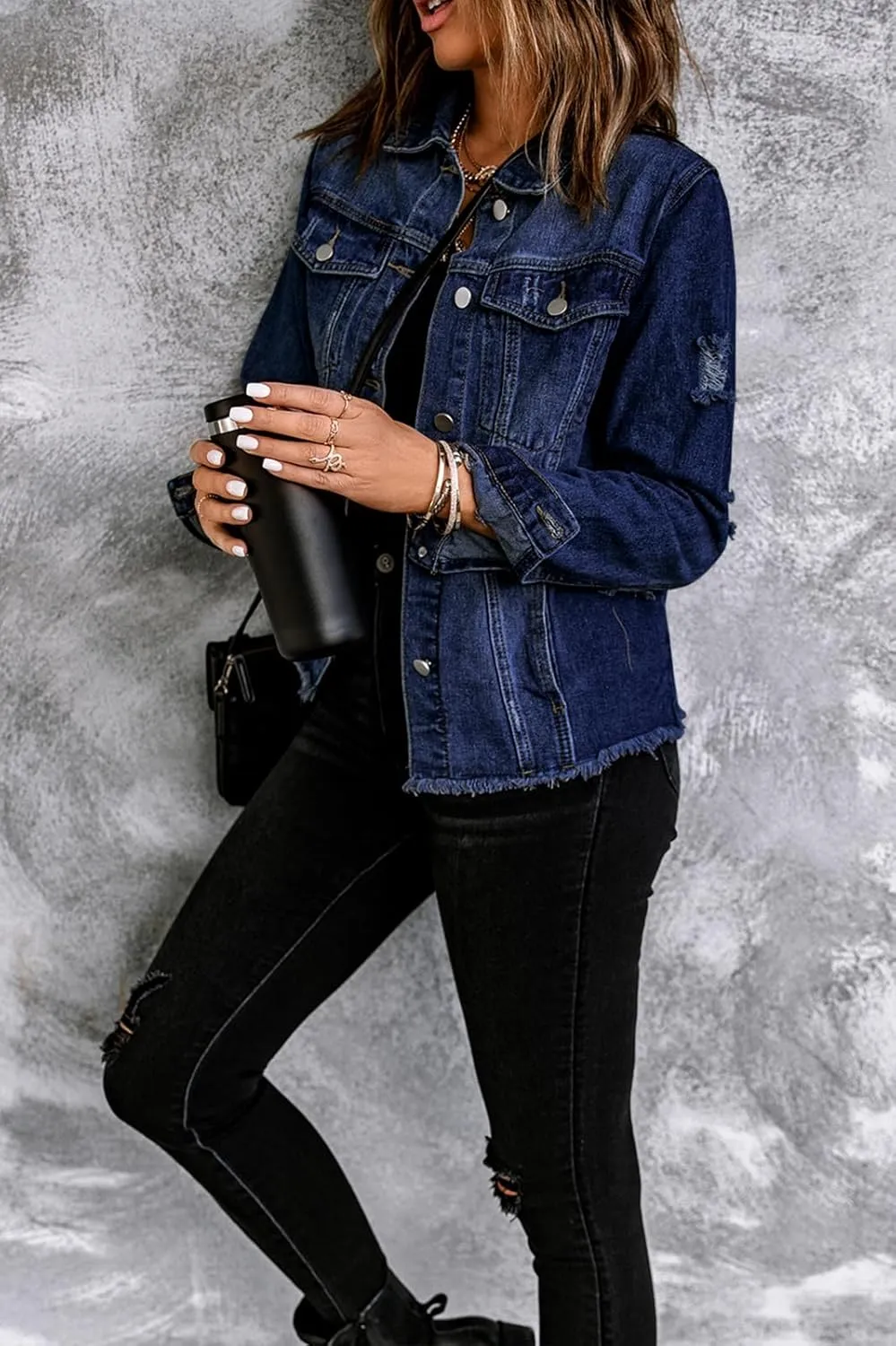 Necooer Women's Jean Jacket Distressed Washed Button Up Boyfriend Denim Jacket Coat With Pockets