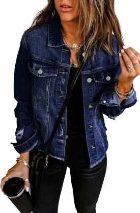 Necooer Women's Jean Jacket Distressed Washed Button Up Boyfriend Denim Jacket Coat With Pockets