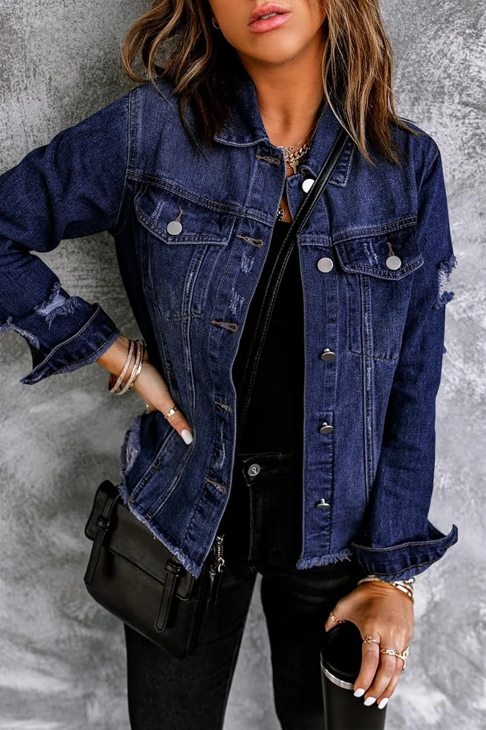 Necooer Women's Jean Jacket Distressed Washed Button Up Boyfriend Denim Jacket Coat With Pockets