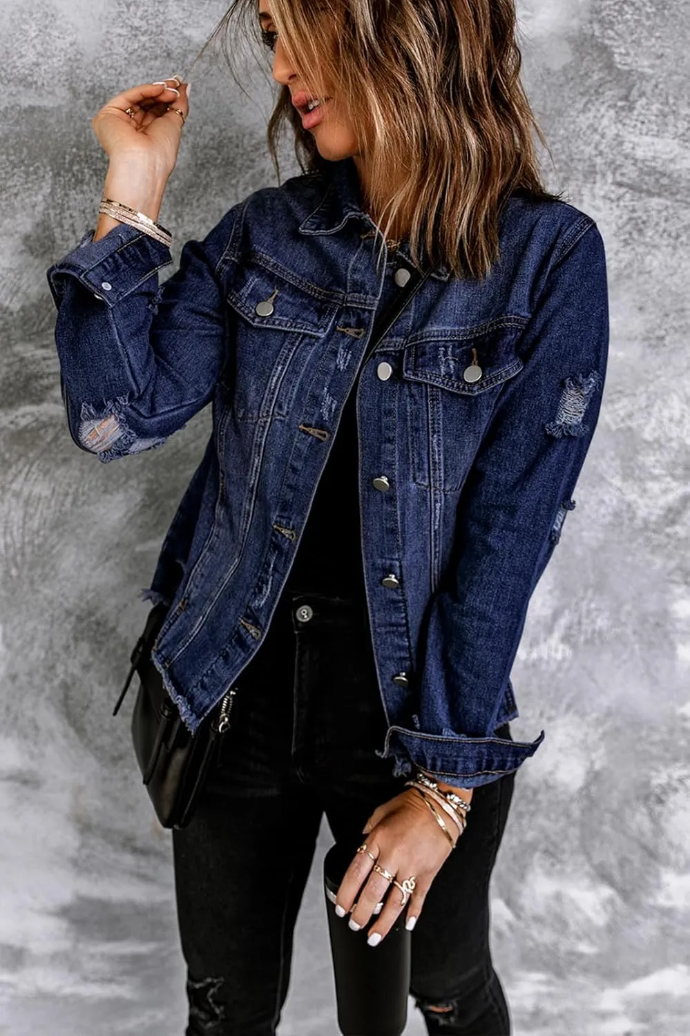 Necooer Women's Jean Jacket Distressed Washed Button Up Boyfriend Denim Jacket Coat With Pockets
