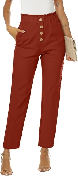 NIMIN Womens Casual Pants High Waisted Work Pants Elastic Cropped Dress Paper Bag Pants with Pockets