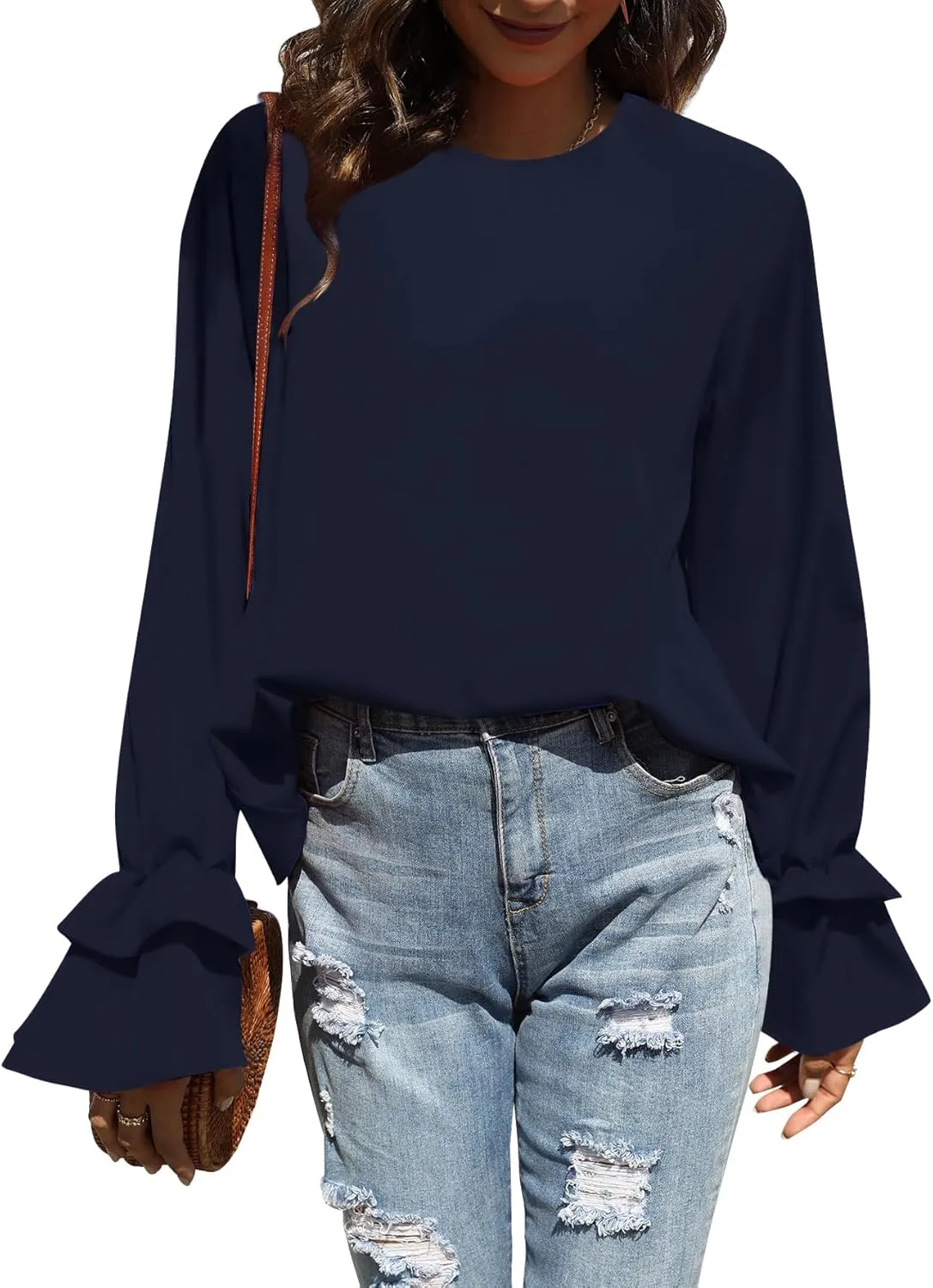 OPOIPIN Women's Casual Tiered Ruffle Bell Long Sleeve Round Neck Blouse Shirt Top