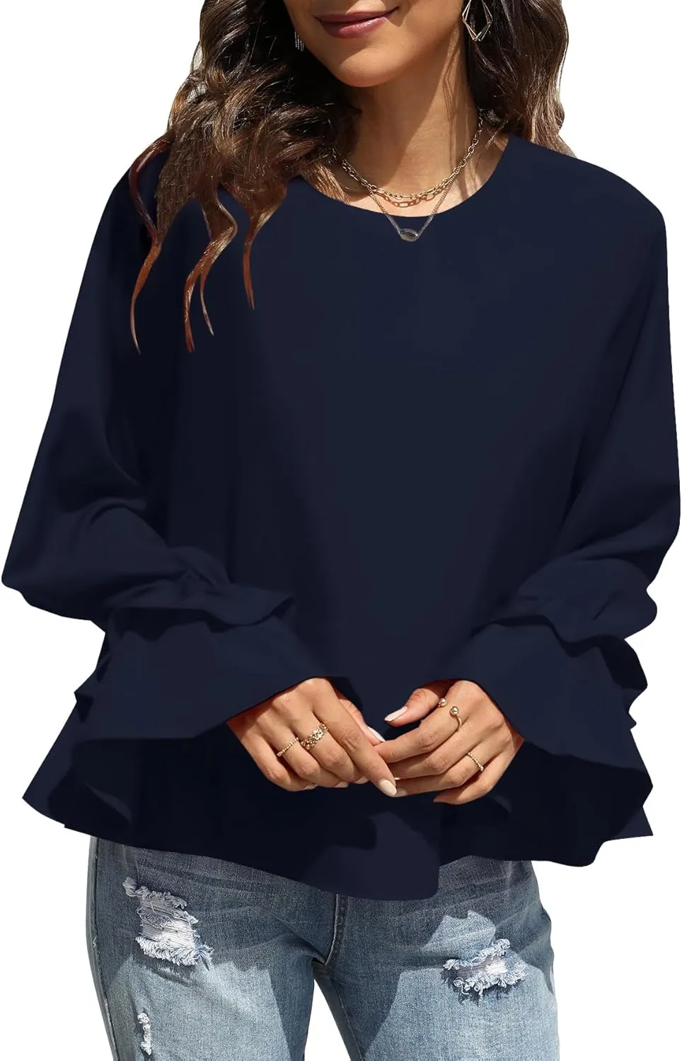 OPOIPIN Women's Casual Tiered Ruffle Bell Long Sleeve Round Neck Blouse Shirt Top
