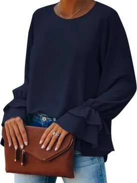 OPOIPIN Women's Casual Tiered Ruffle Bell Long Sleeve Round Neck Blouse Shirt Top