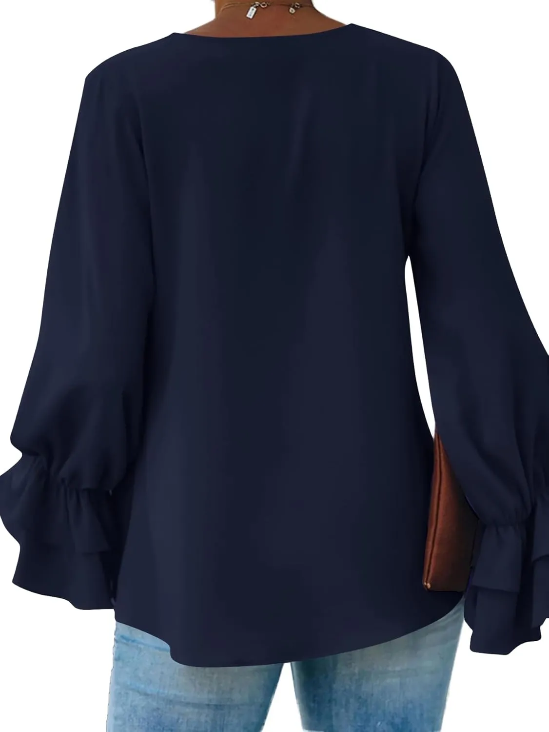 OPOIPIN Women's Casual Tiered Ruffle Bell Long Sleeve Round Neck Blouse Shirt Top