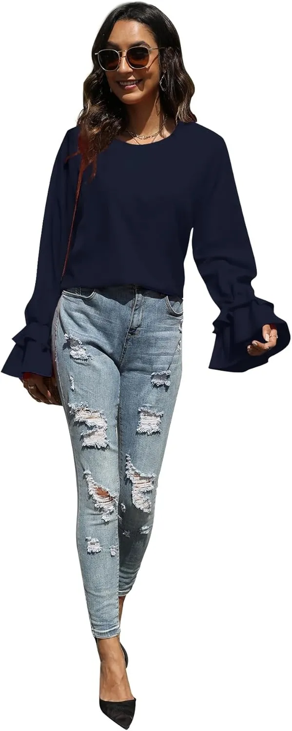 OPOIPIN Women's Casual Tiered Ruffle Bell Long Sleeve Round Neck Blouse Shirt Top