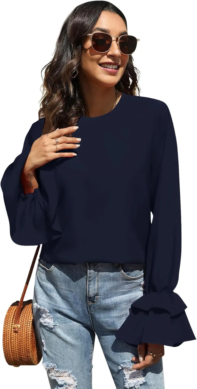 OPOIPIN Women's Casual Tiered Ruffle Bell Long Sleeve Round Neck Blouse Shirt Top