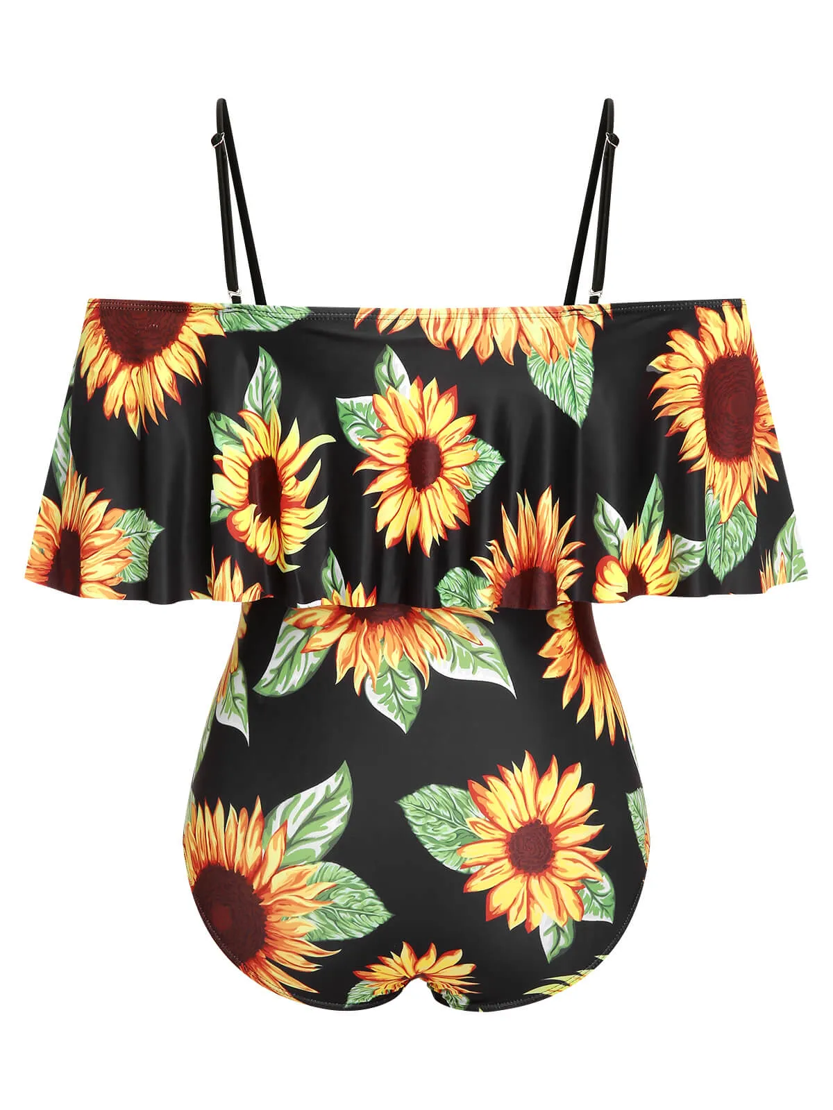 [Plus Size] Black 1940s Sunflower Cold-Shoulder Swimsuit