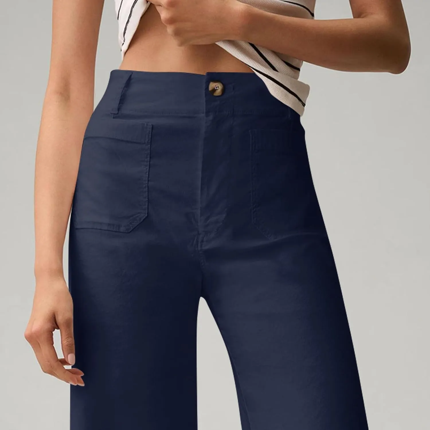 Pull-On Chino Pants Women Casual Business Cropped Work Pants High Waisted Casual Straight Leg Ankle Pants w/Pockets