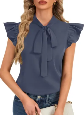 Rooscier Women's Bow Tie Neck Ruffle Cap Sleeve Elegant Office Blouse Shirt Tops