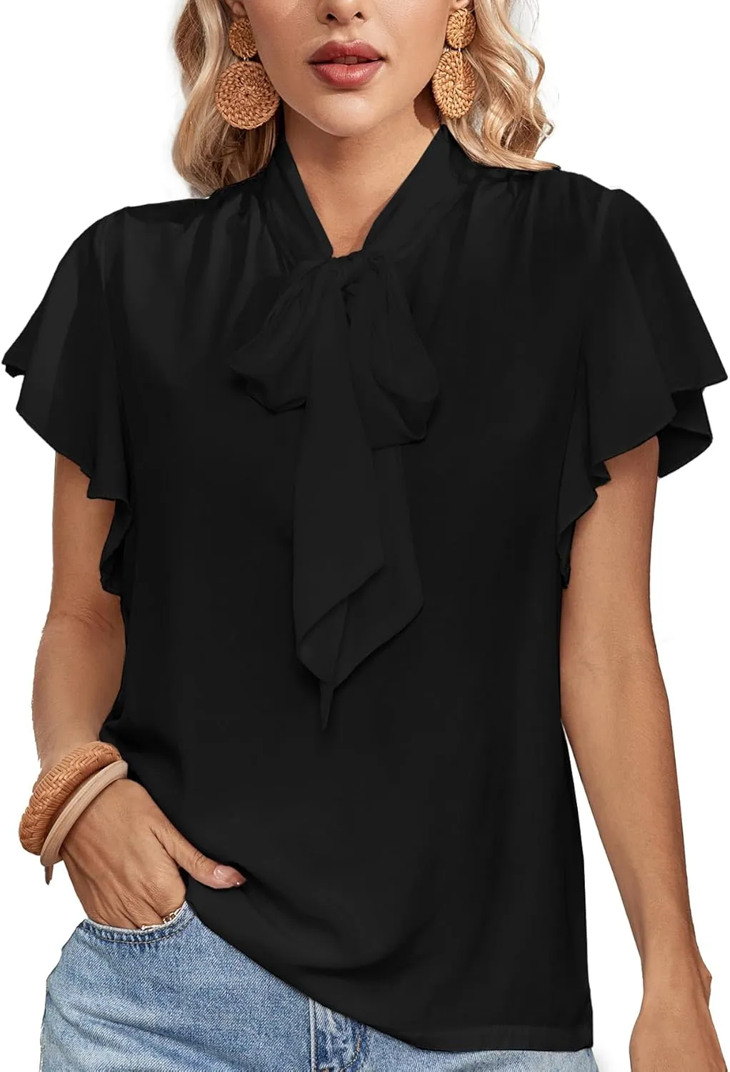 Rooscier Women's Bow Tie Neck Ruffle Short Sleeve Vintage Retro Work Blouse Top