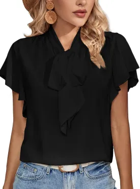 Rooscier Women's Bow Tie Neck Ruffle Short Sleeve Vintage Retro Work Blouse Top
